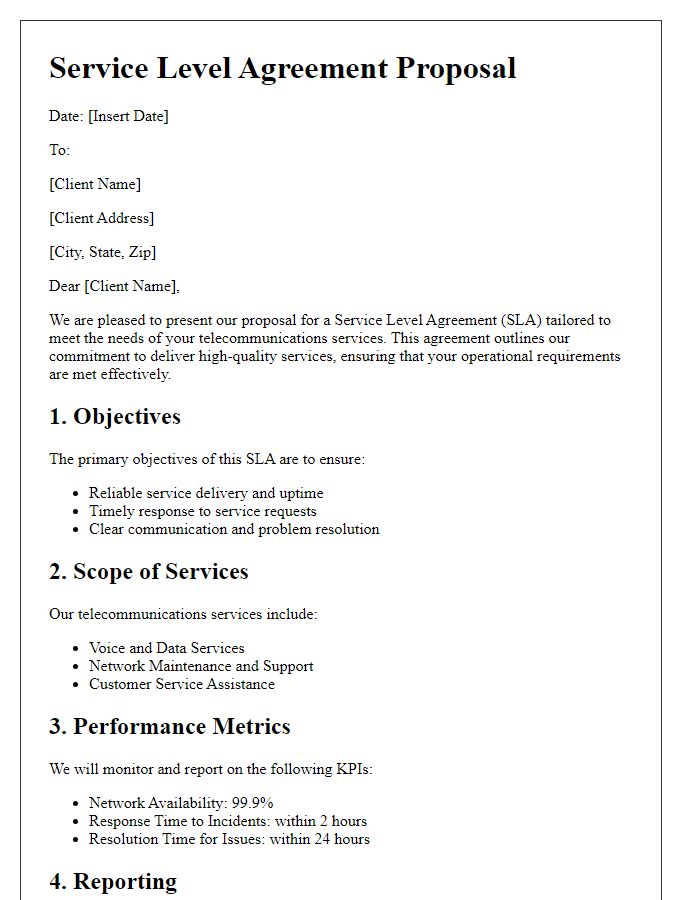 Letter template of service level agreement proposal for telecommunications