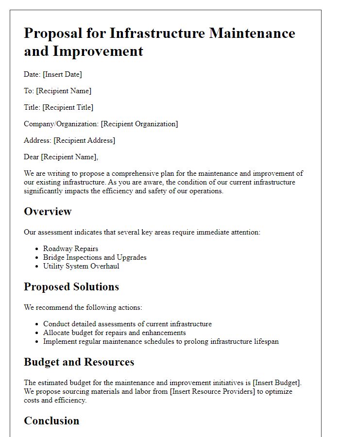 Letter template of infrastructure maintenance and improvement proposal