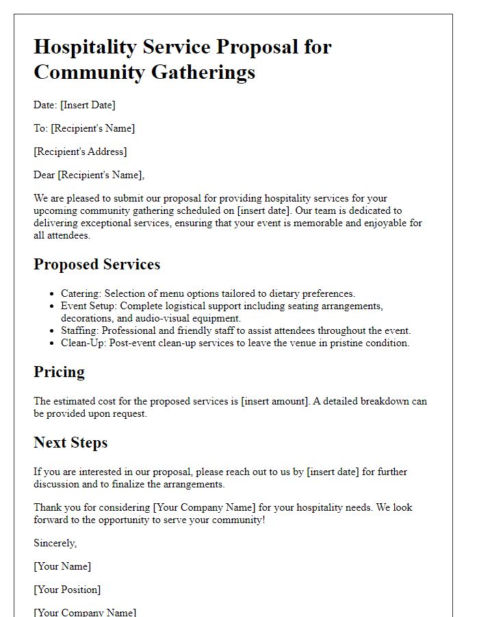 Letter template of hospitality service proposal for community gatherings.