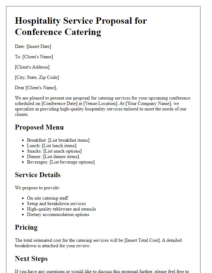 Letter template of hospitality service proposal for conference catering.