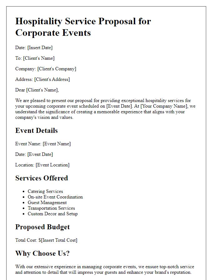 Letter template of hospitality service proposal for corporate events.