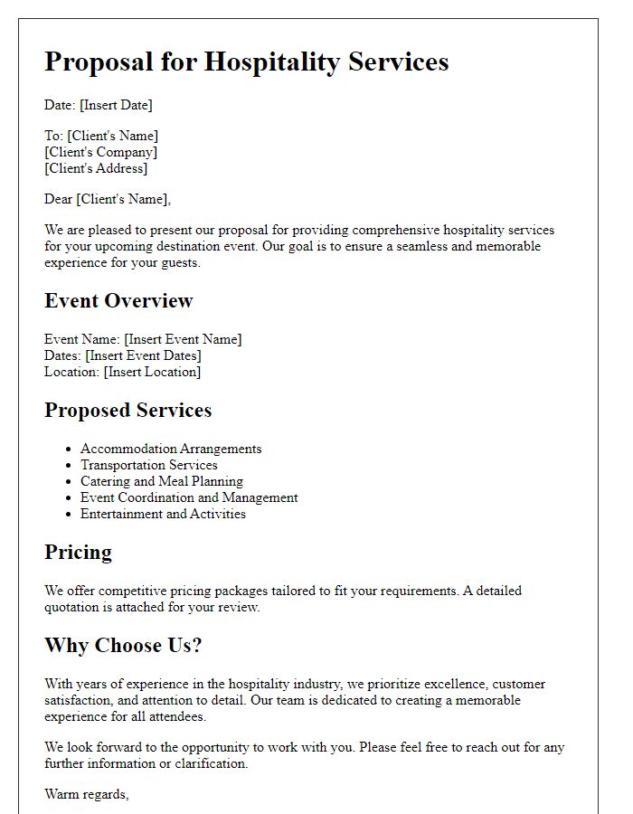 Letter template of hospitality service proposal for destination events.