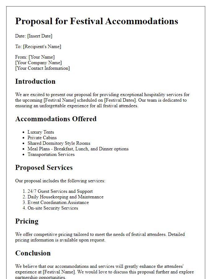 Letter template of hospitality service proposal for festival accommodations.