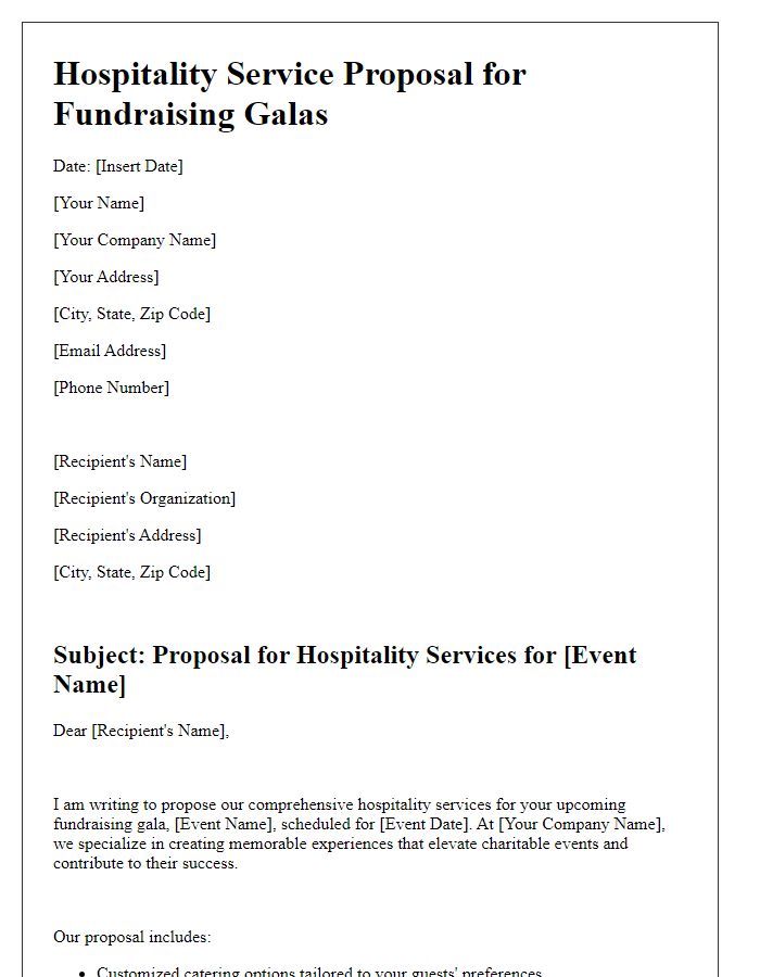 Letter template of hospitality service proposal for fundraising galas.