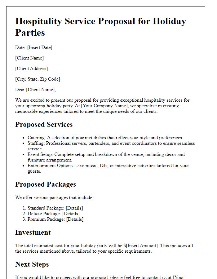 Letter template of hospitality service proposal for holiday parties.