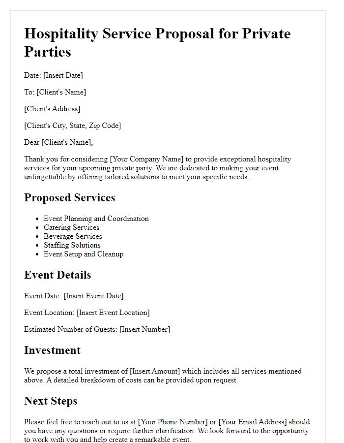 Letter template of hospitality service proposal for private parties.