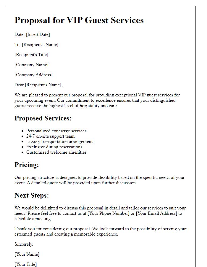 Letter template of hospitality service proposal for VIP guest services.