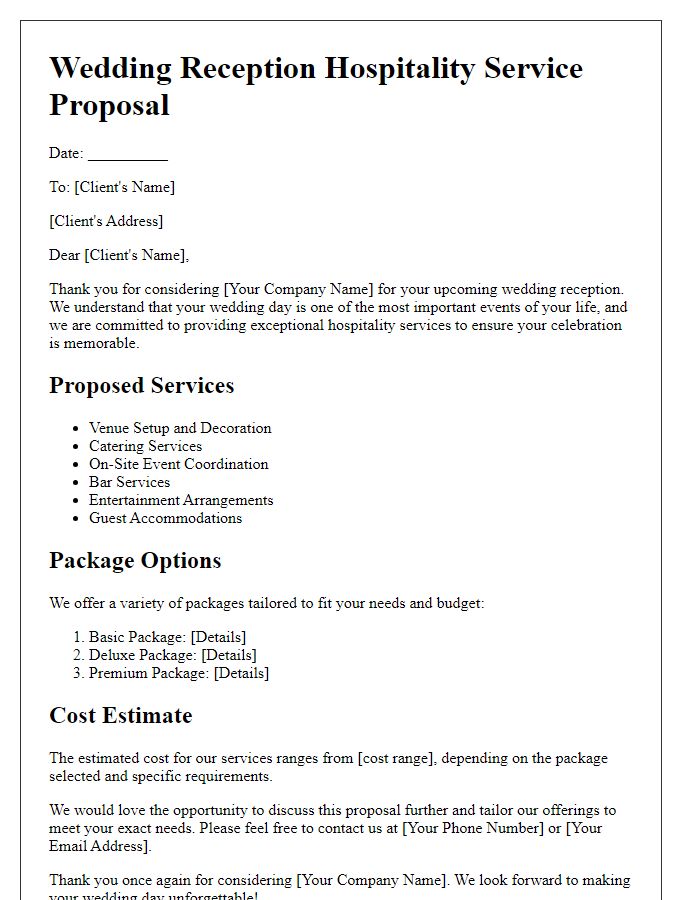 Letter template of hospitality service proposal for wedding receptions.