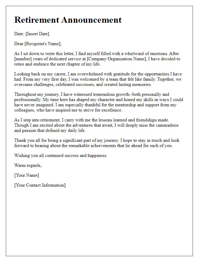 Letter template of emotional retirement announcement reflecting on career