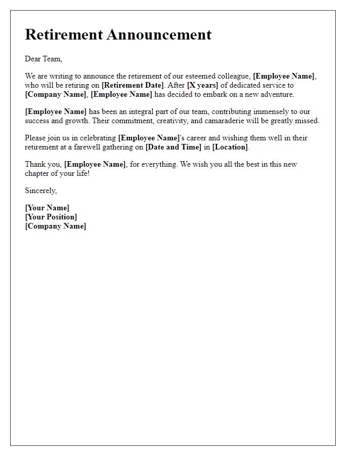 Letter template of retirement announcement for company newsletter