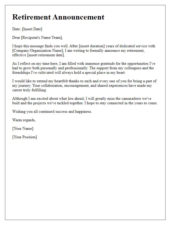 Letter template of retirement announcement with gratitude