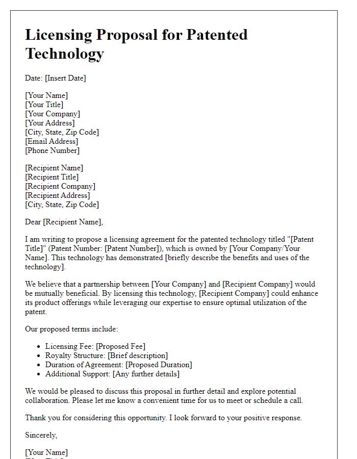 Letter template of licensing proposal for patented technology