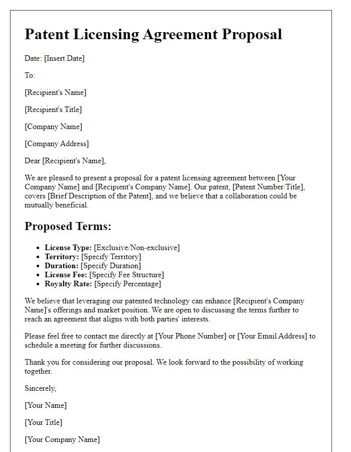 Letter template of patent licensing agreement proposal