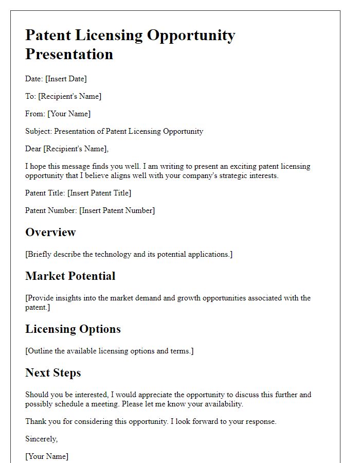 Letter template of patent licensing opportunity presentation