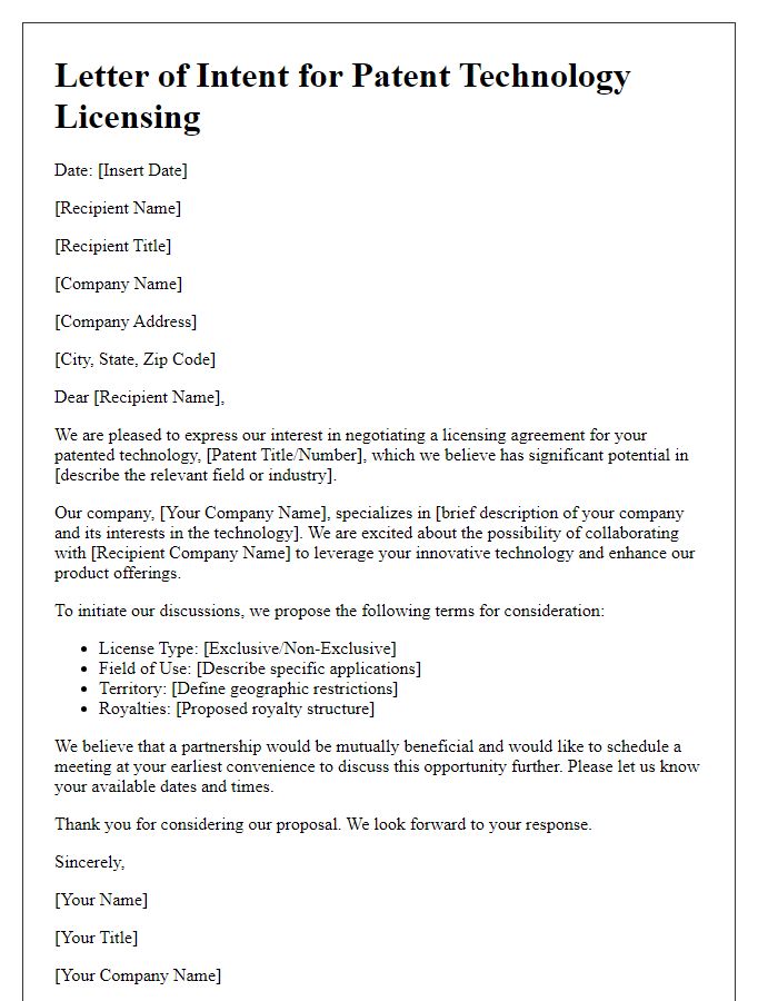 Letter template of patent technology licensing negotiation