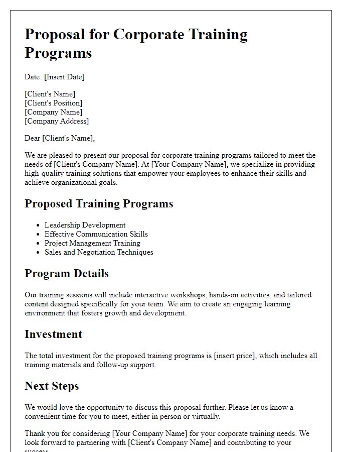 Letter template of B2B service proposal for corporate training programs.