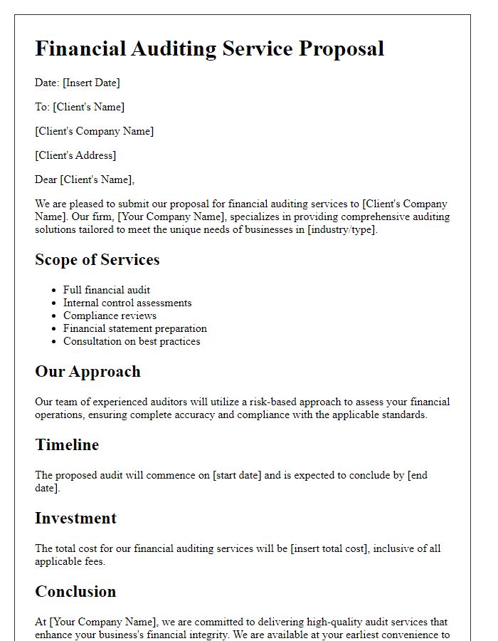 Letter template of B2B service proposal for financial auditing.