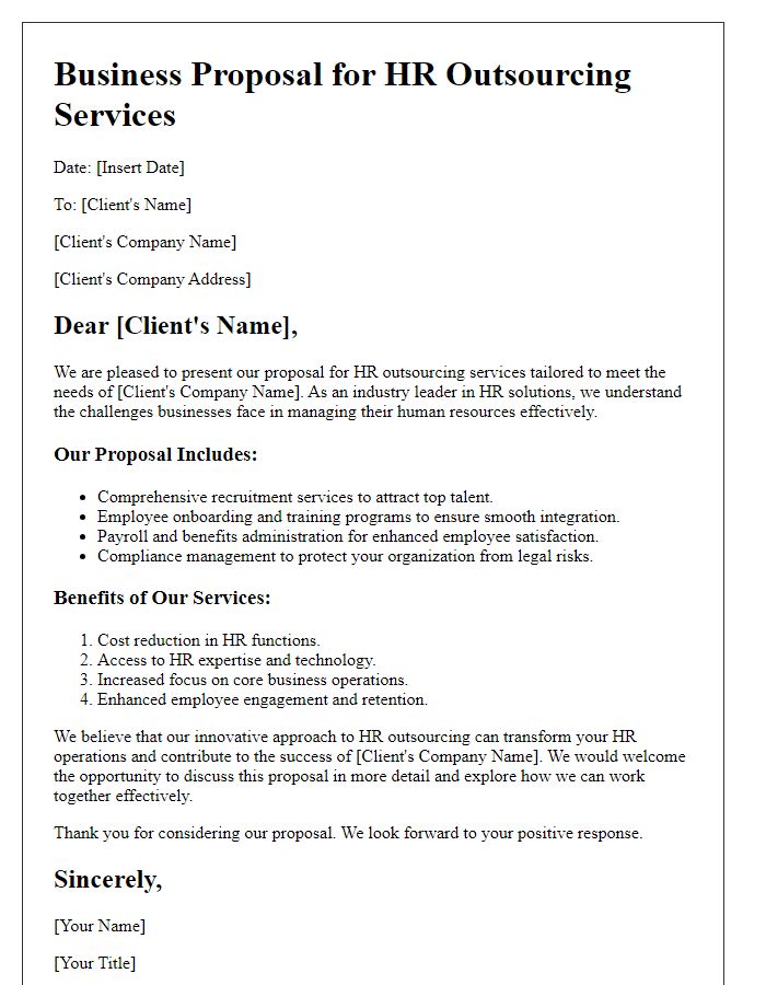 Letter template of B2B service proposal for HR outsourcing.