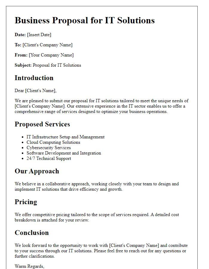 Letter template of B2B service proposal for IT solutions.