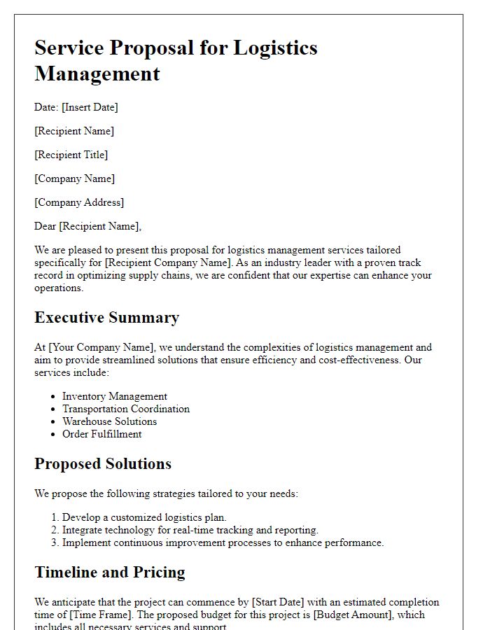 Letter template of B2B service proposal for logistics management.