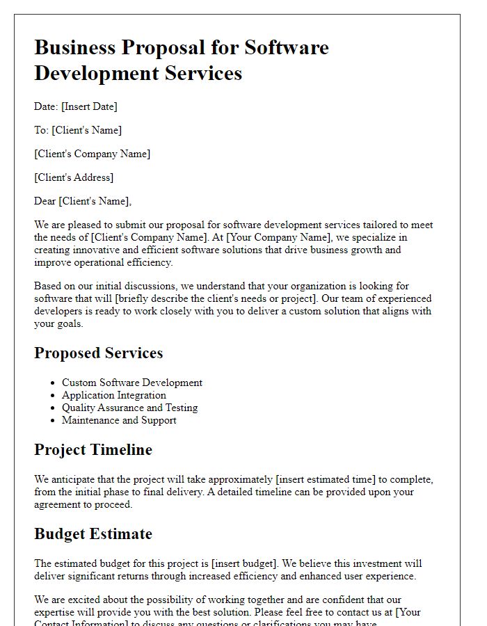 Letter template of B2B service proposal for software development.