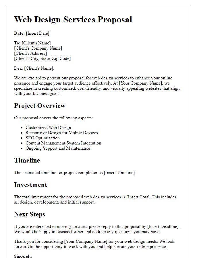 Letter template of B2B service proposal for web design services.