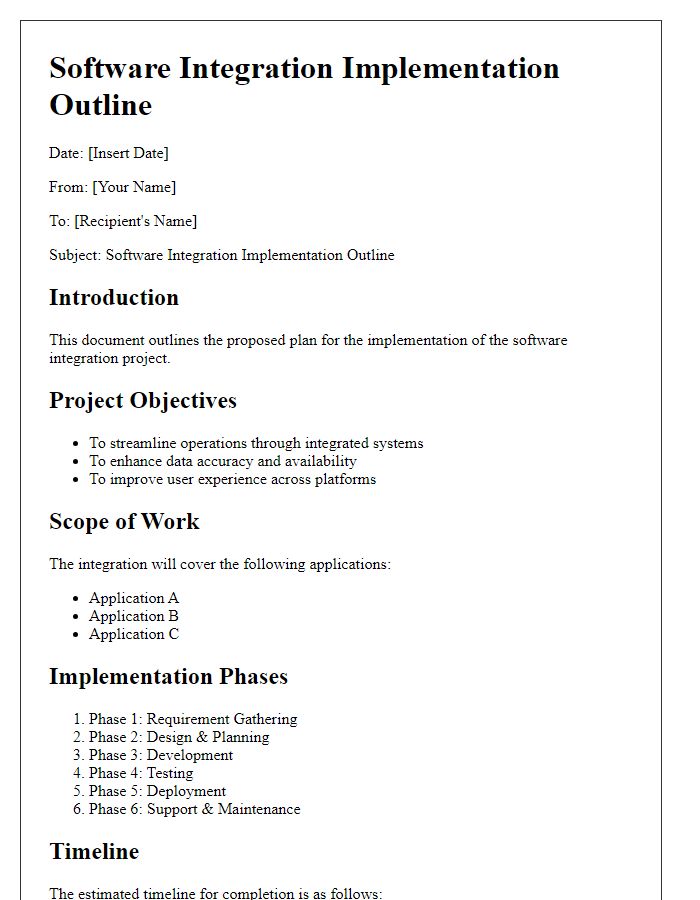 Letter template of software integration implementation outline