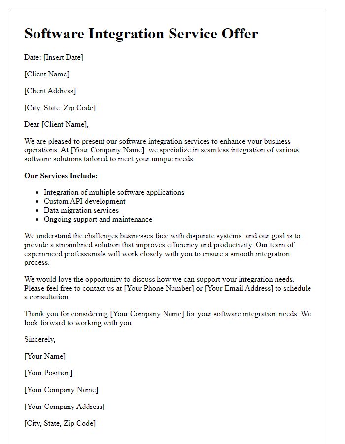 Letter template of software integration service offering