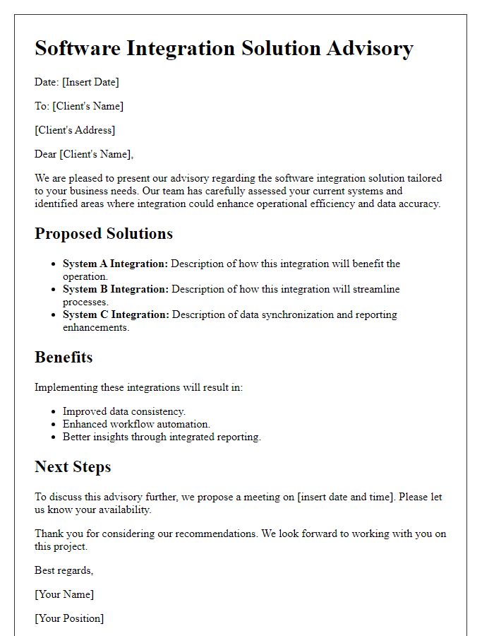 Letter template of software integration solution advisory