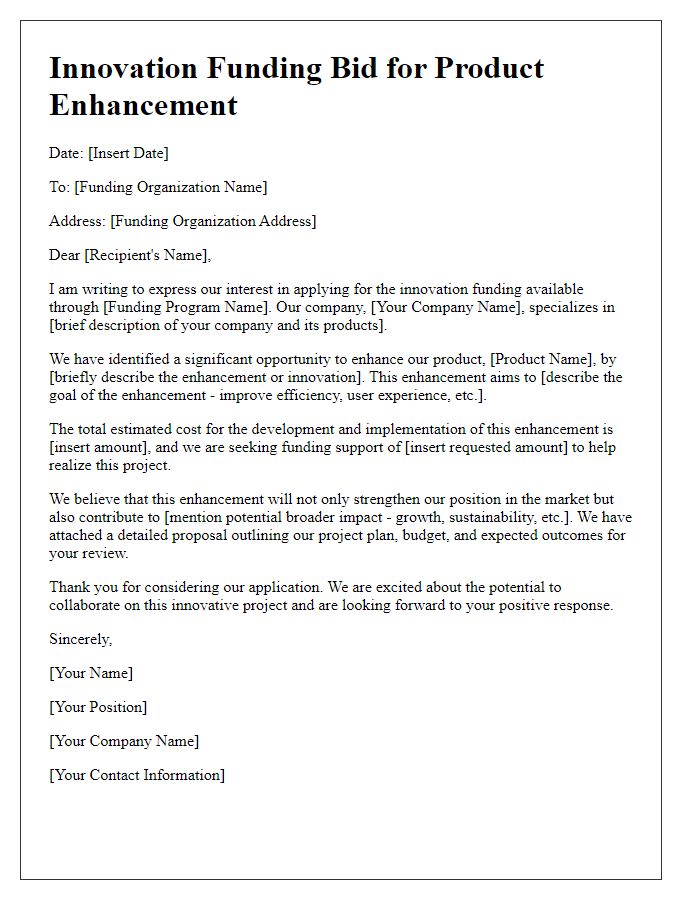 Letter template of innovation funding bid for product enhancement.