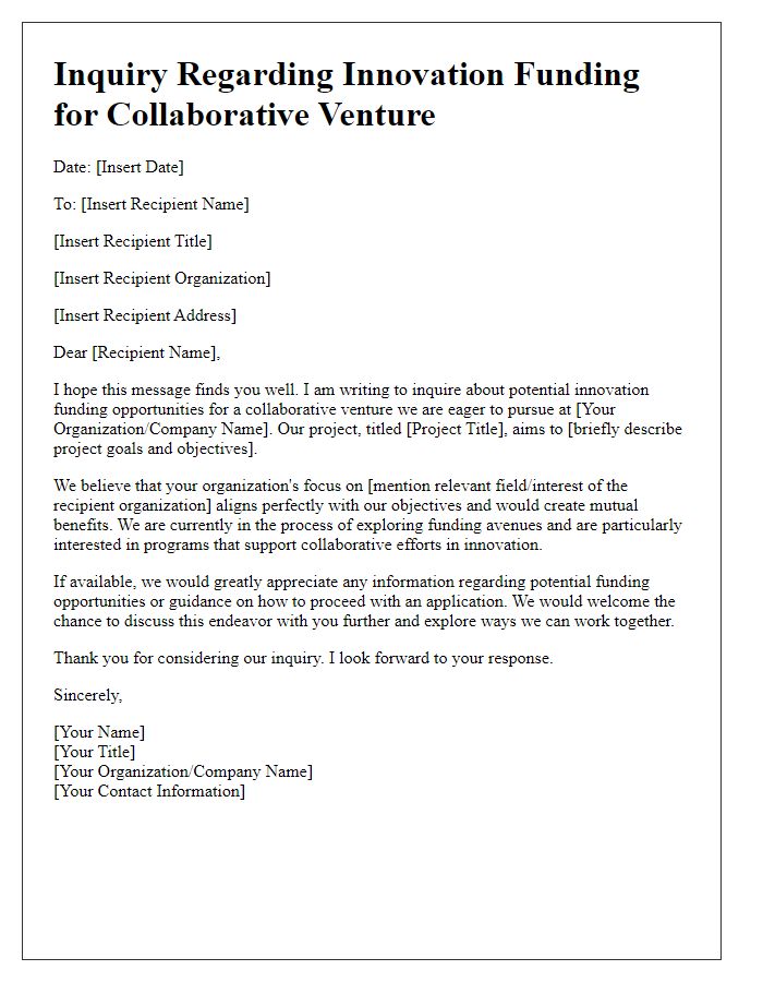 Letter template of innovation funding inquiry for collaborative venture.