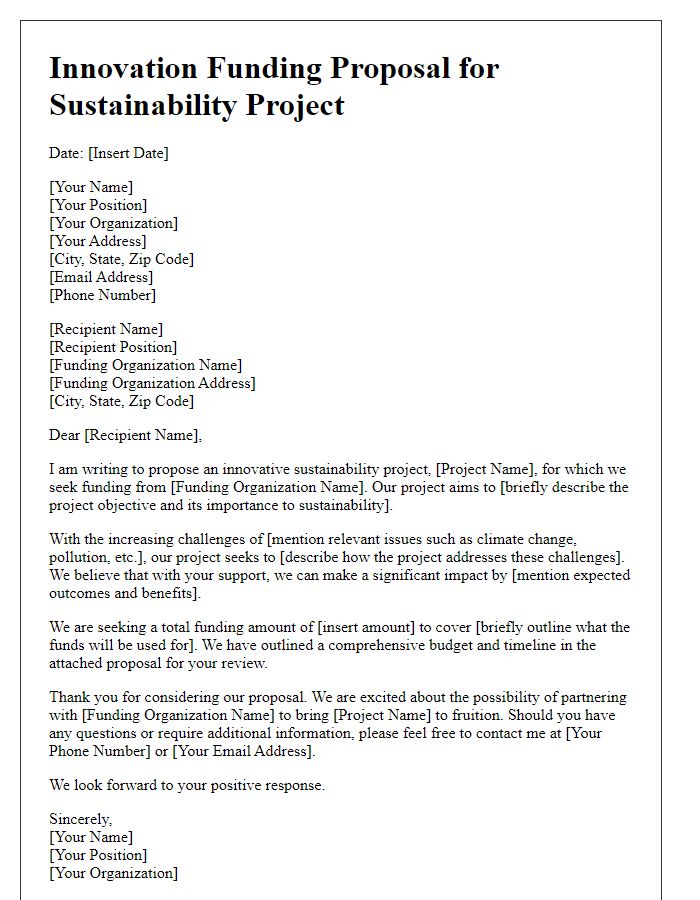 Letter template of innovation funding proposal for sustainability project.