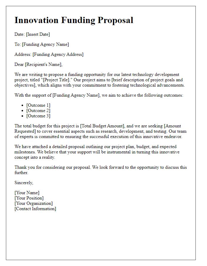 Letter template of innovation funding proposal for technology development.