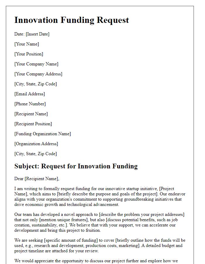 Letter template of innovation funding request for startup initiative.