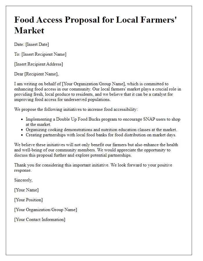 Letter template of local farmers' market food access proposal