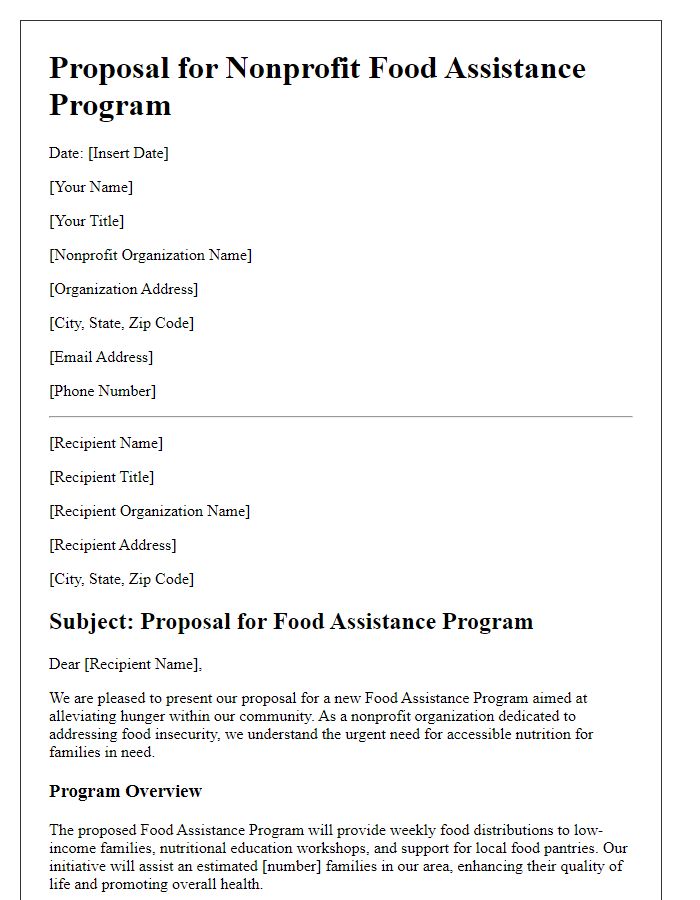 Letter template of nonprofit food assistance program proposal