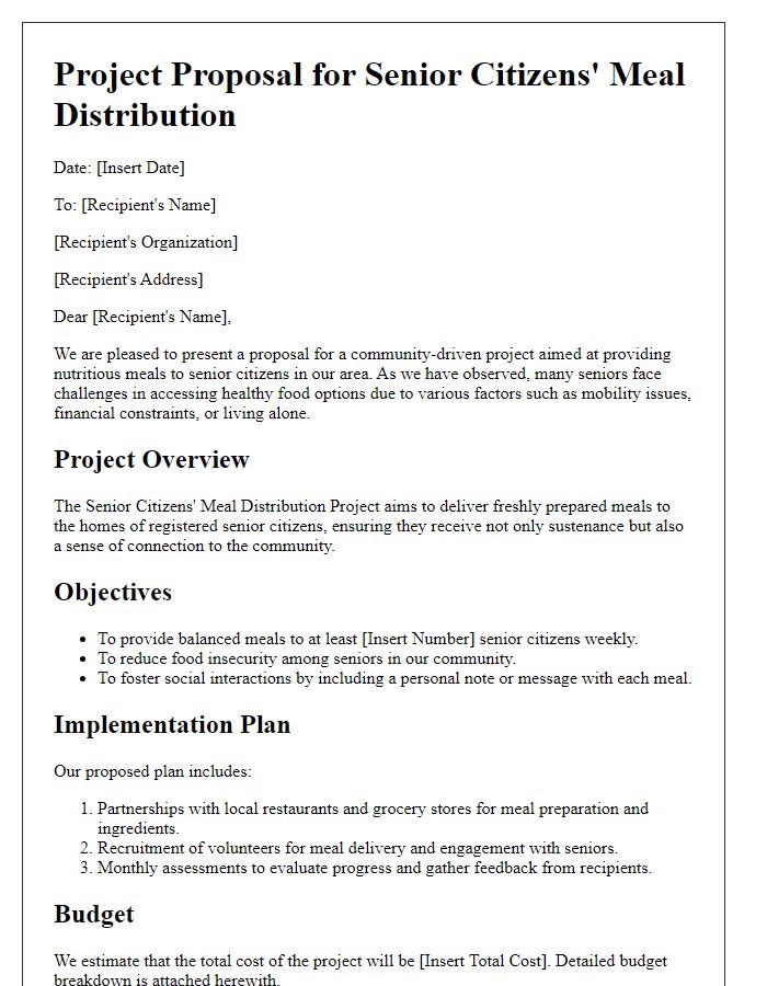 Letter template of senior citizens' meal distribution project proposal