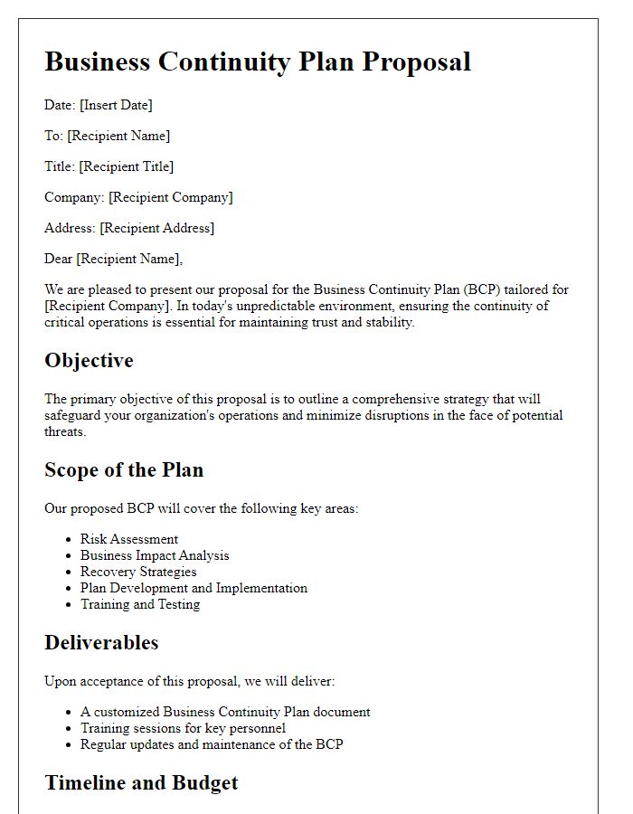 Letter template of business continuity plan proposal