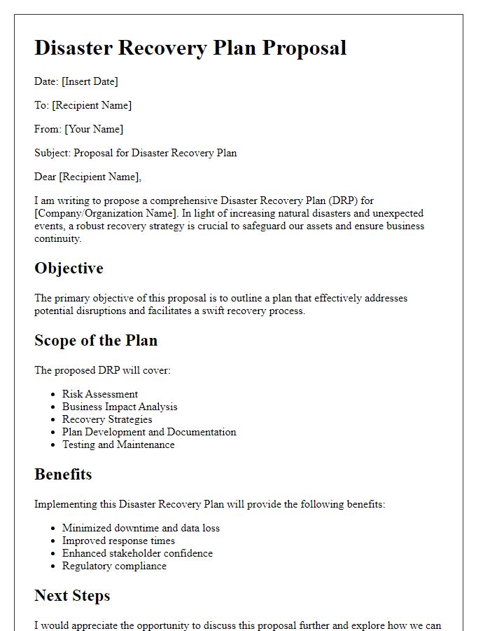 Letter template of disaster recovery plan proposal