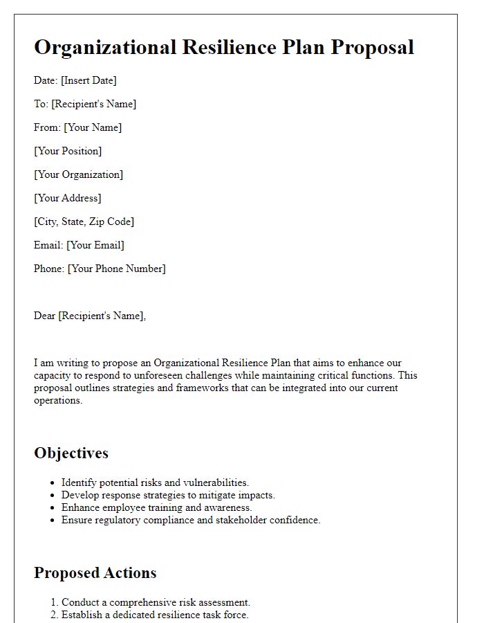 Letter template of organizational resilience plan proposal