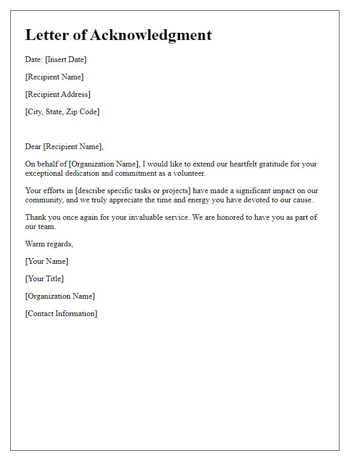 Letter template of acknowledgment for dedicated volunteers