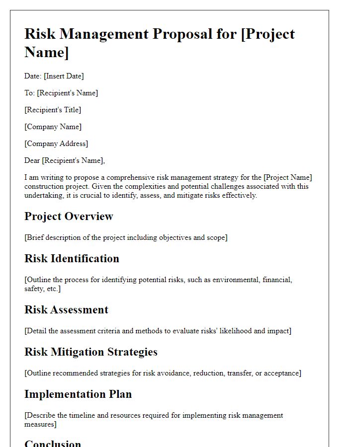 Letter template of a risk management proposal for construction projects.