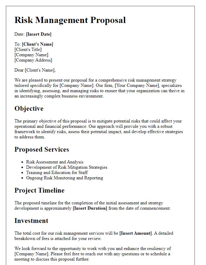 Letter template of a risk management proposal for corporate clients.