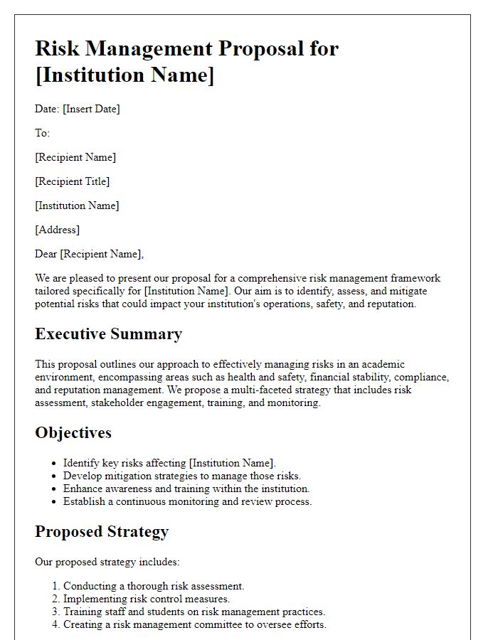 Letter template of a risk management proposal for educational institutions.