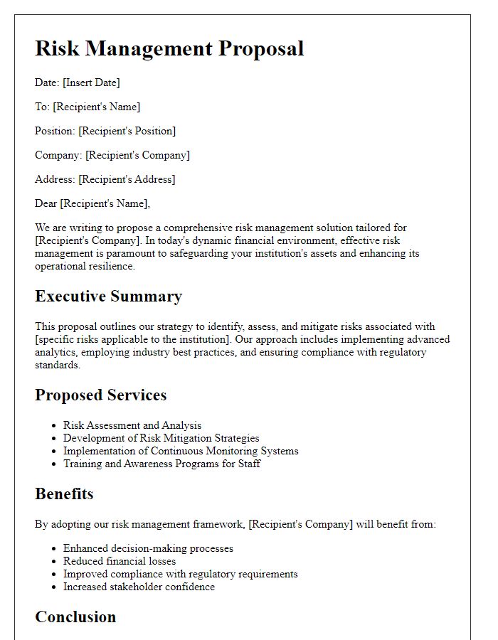 Letter template of a risk management proposal for financial institutions.