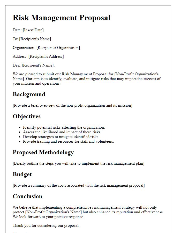 Letter template of a risk management proposal for non-profit organizations.