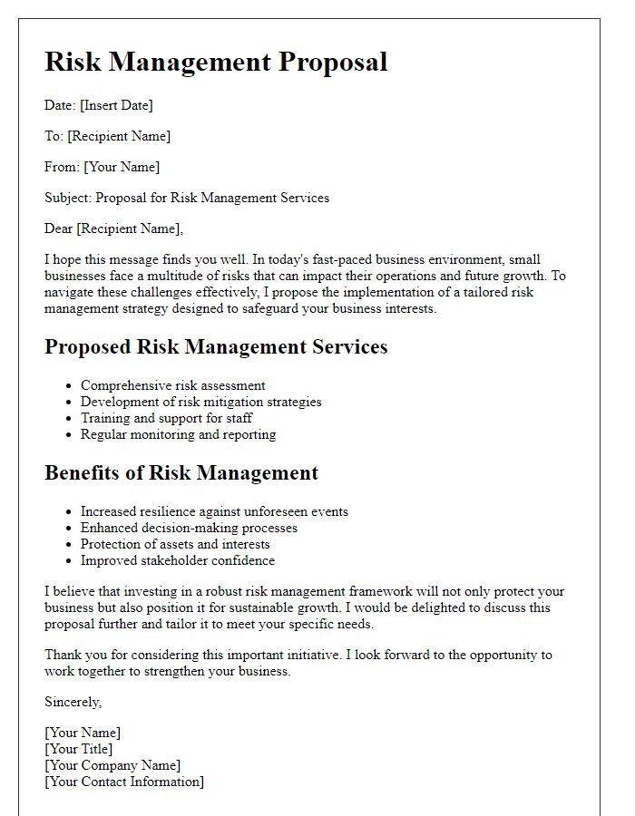 Letter template of a risk management proposal for small businesses.