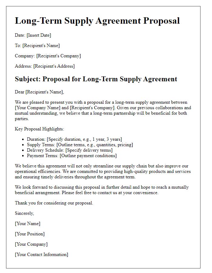 Letter template of long-term supply agreement proposal