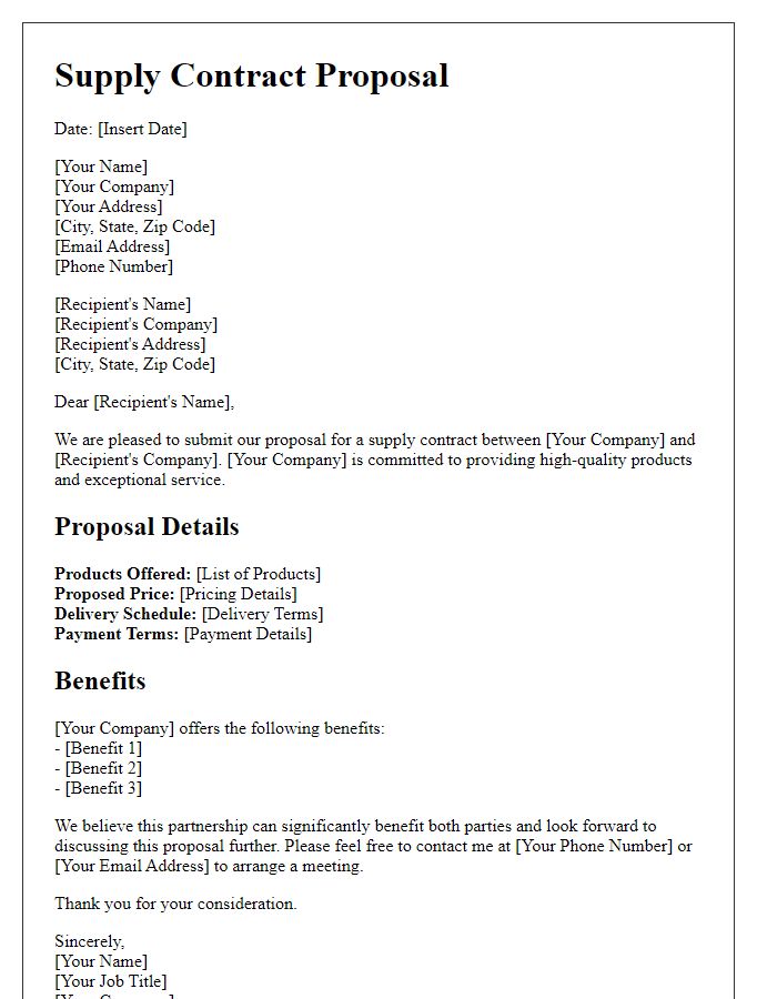 Letter template of reliable supply contract proposal