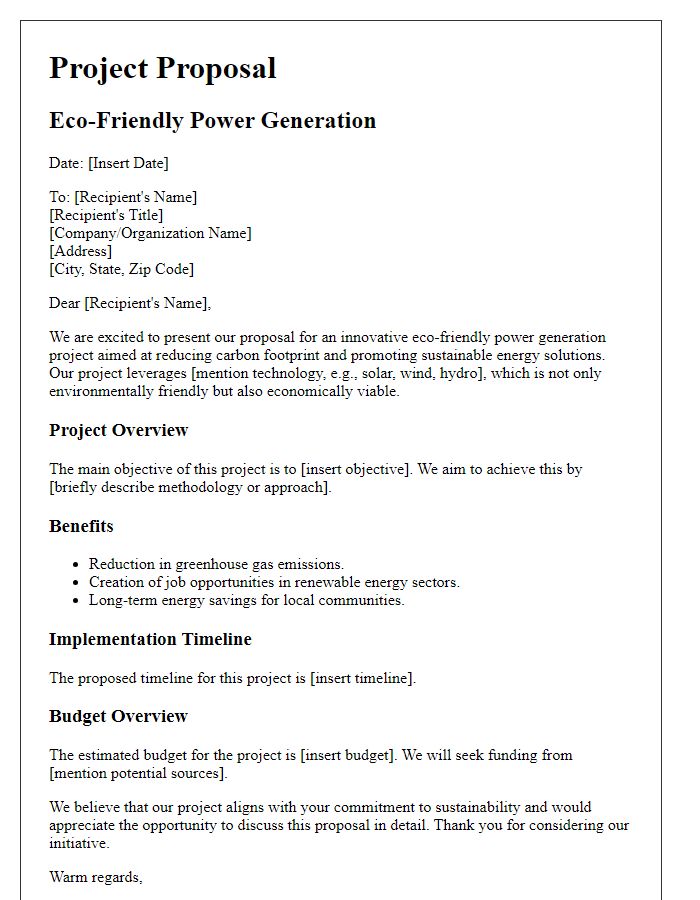 Letter template of eco-friendly power generation project proposal